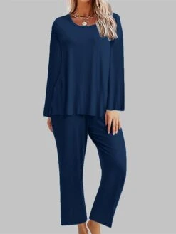 Women's Loungewear Sets Pure Color Simple Casual Comfort Home Daily Bed Polyester Breathable Crew Neck Long Sleeve T Shirt Tee Pant Pocket Fall Winter Black Red -Deals The Sexy Bra Store qdbmpx1694072415402