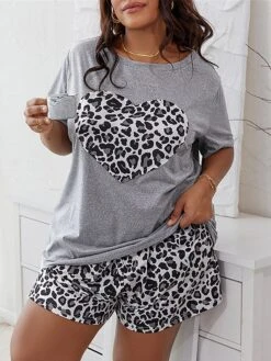Women's Plus Size Pajamas Pajama Top And Pant Sets Leopard Heart Fashion Casual Soft Home Daily Bed Polyester Breathable Crew Neck Short Sleeve T Shirt Tee Shorts Summer Spring Gray