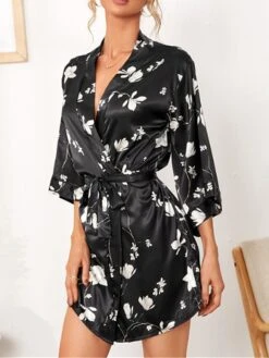 Women's Pajamas Bathrobe Robes Gown Flower Fashion Casual Comfort Home Daily Bed Satin Breathable V Wire Long Sleeve Summer Spring Black -Deals The Sexy Bra Store qfoavb1679049376717