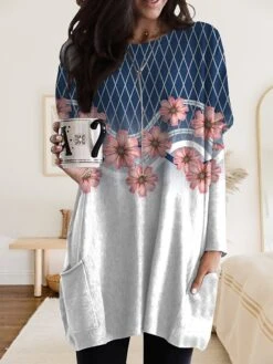 Women's Nightgown Flower Fashion Comfort Home Daily Polyester Crew Neck Long Sleeve Pocket Fall Winter Blue And White Black