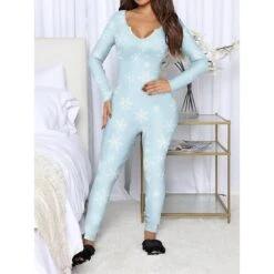 Women's Xmas Onesie Pajama Letter Elk Casual Comfort Soft ChristmasBreathable V Wire Long Sleeve Fall Winter -Deals The Sexy Bra Store qgvopo1695281824321