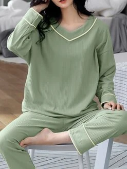 Women's Pajamas Sets Nighty Pjs 2 Pieces Pure Color Fashion Simple Comfort Home Daily Bed Cotton Breathable Gift V Wire Long Sleeve Pant Elastic Waist Fall Spring Green Blue -Deals The Sexy Bra Store qitxiz1640598858987