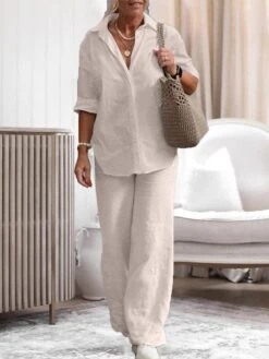 Women's Loungewear Sets Pure Color Basic Casual Comfort Home Street Daily Cotton Breathable Lapel Long Sleeve Shirt Pant Button Summer Spring Pink Blue