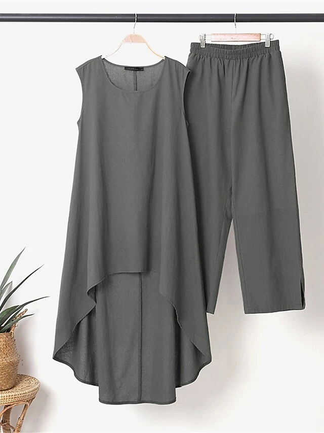 Women's Loungewear Sets Pure Color Casual Comfort Oversized Home Daily Vacation Polyester Breathable Crew Neck Sleeveless Pant Summer Spring Black Army Green 7 Women's Loungewear Sets Pure Color Casual Comfort Oversized Home Daily Vacation Polyester Breathable Crew Neck Sleeveless Pant Summer Spring Black Army Green - Image 7