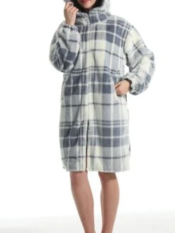 Women's Robe Grid / Plaid Plush Casual Comfort Home Daily Bed Flannel Warm Breathable Hoodie Long Sleeve Pocket Fall Winter Gray