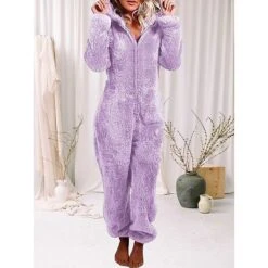 Women's Onesie Pure Color Plush Casual Comfort Home Daily Bed Polar Fleece Warm Hoodie Long Sleeve Fall Winter Light Pink Claret -Deals The Sexy Bra Store qmqfto1696923350265