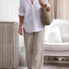 Women's Loungewear Sets Color Combo Basic Casual Comfort Home Street Daily Cotton Breathable Lapel Long Sleeve Shirt Pant Summer Spring White