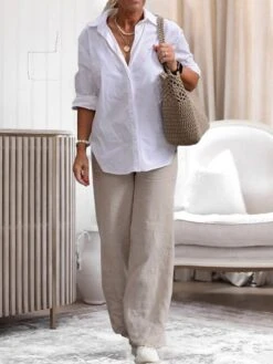 Women's Loungewear Sets Color Combo Basic Casual Comfort Home Street Daily Cotton Breathable Lapel Long Sleeve Shirt Pant Summer Spring White