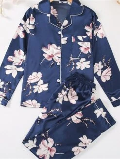 Women's Pajamas Sets Flower Fashion Casual Home Daily Polyester Breathable Lapel Long Sleeve Shirt Pant Button Summer Spring Blue