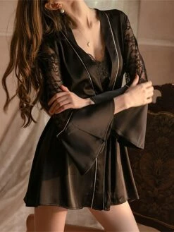 Women's Satin Silk Bathrobe Nightgown Nightshirt Dress 2 Pieces Pure Color Comfort Soft Sweet Home Daily Bed Breathable V Wire Long Sleeve Backless Hole Fall Winter Black White -Deals The Sexy Bra Store qntqgn1697699908247