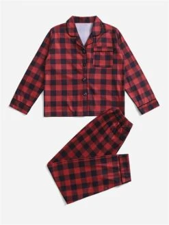 Women's Christmas Pajamas Sets Buffalo Plaid Fashion Comfort Soft Home Xmas Daily Polyester Breathable Lapel Long Sleeve Shirt Pant Button Pocket Fall Winter Red