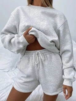 Women's Lounge Sets 2 Pcs Sweatshirt And Shorts Pure Color Fashion Casual Comfort Street Daily Date Polyester Breathable Crew Neck Long Sleeve Shorts Fall Winter Black Blue