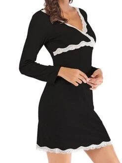 Women's Pajamas Nightgown Nighty Pure Color Simple Comfort Home Daily Bed Modal Breathable Gift V Wire Long Sleeve Lace Basic Spring Summer Black Gray -Deals The Sexy Bra Store qqofmq1647237801598