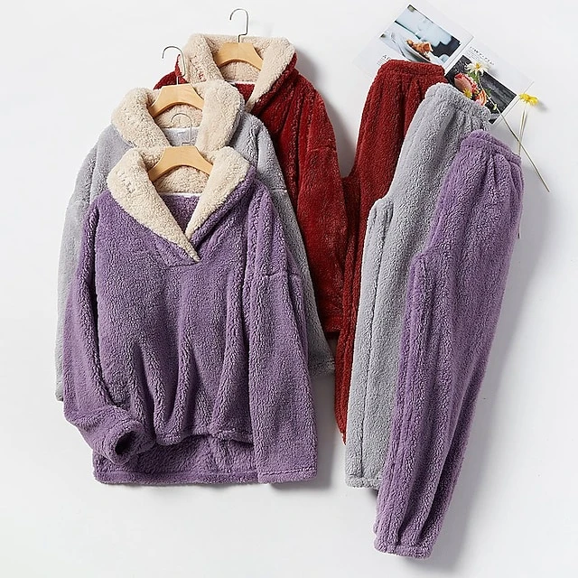 Women's Flannel Warm Pajamas Sets Nighty Pure Color Plush Fashion Comfort Home Christmas Vacation V Wire Long Sleeve Sweater Pant Elastic Waist Fall Winter Gray Purple / Lace Up 9 Women's Flannel Warm Pajamas Sets Nighty Pure Color Plush Fashion Comfort Home Christmas Vacation V Wire Long Sleeve Sweater Pant Elastic Waist Fall Winter Gray Purple / Lace Up - Image 9