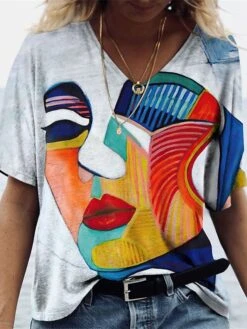 Women's Loungewear Top Abstract Fashion Casual Comfort Street Date Airport Spandex Breathable V Wire Short Sleeve Summer Spring Gray