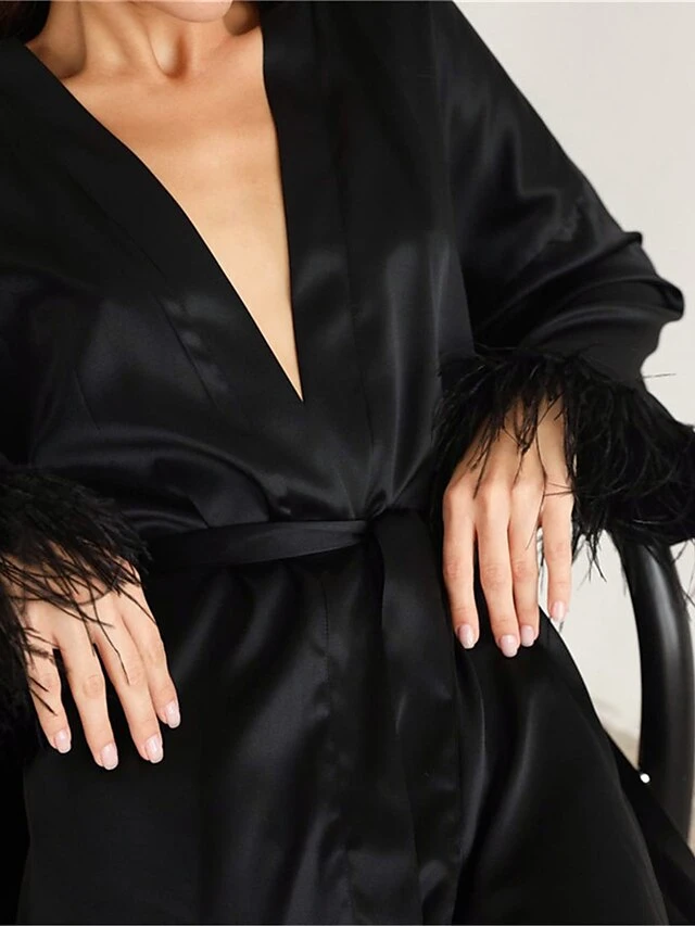Women's Pajamas Bathrobe Robes Gown Pure Color Simple Casual Comfort Wedding Party Satin Breathable V Wire Long Sleeve Feather Fall Winter Black White 3 Women's Pajamas Bathrobe Robes Gown Pure Color Simple Casual Comfort Wedding Party Satin Breathable V Wire Long Sleeve Feather Fall Winter Black White - Image 3