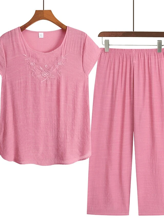 Women's 2 Piece Loungewear Sets Plus Size Pajama Pure Color Breathable Crew Neck Short Sleeve T-Shirt And Wide Leg Pants Fashion Casual Comfort Street Daily Date Summer Spring Lotus Pink Pink 4XL 3 Women's 2 Piece Loungewear Sets Plus Size Pajama Pure Color Breathable Crew Neck Short Sleeve T-Shirt And Wide Leg Pants Fashion Casual Comfort Street Daily Date Summer Spring Lotus Pink Pink 4XL - Image 3