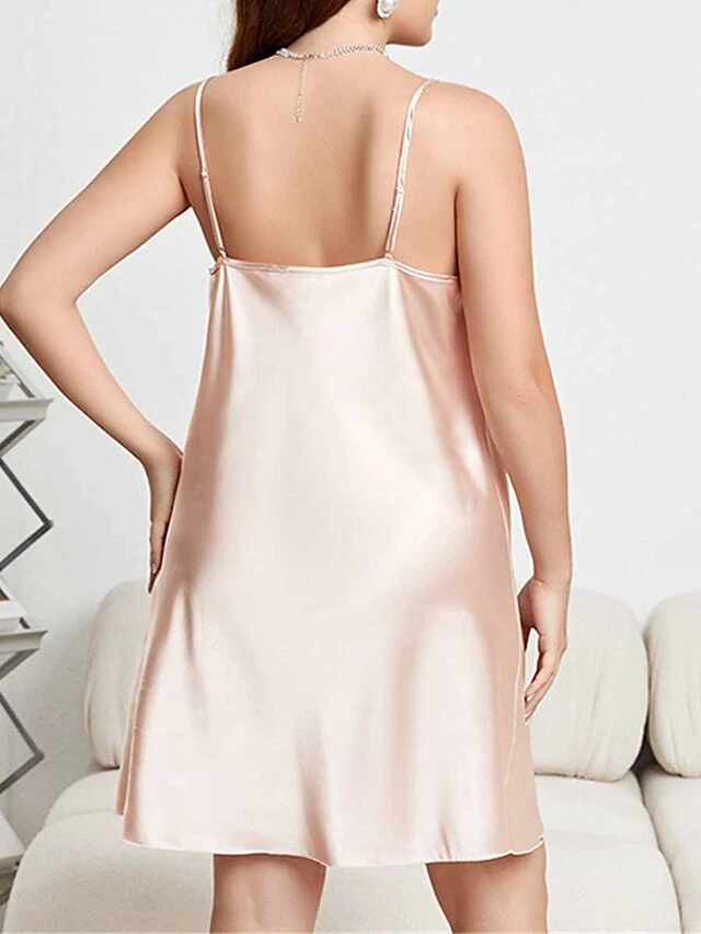 Women's Plus Size Pajamas Nightgown Dress Pure Color Simple Casual Soft Home Daily Bed Satin Breathable Straps Sleeveless Backless Summer Spring Black Champagne 2 Women's Plus Size Pajamas Nightgown Dress Pure Color Simple Casual Soft Home Daily Bed Satin Breathable Straps Sleeveless Backless Summer Spring Black Champagne - Image 2