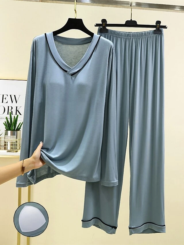 Women's Light Blue Pajamas Sets With Chest Pads Patchwork Casual Comfort Home Bed Modal Breathable V Wire Long Sleeve Shirt Pant Fall Winter Pink Blue 1 Women's Light Blue Pajamas Sets With Chest Pads Patchwork Casual Comfort Home Bed Modal Breathable V Wire Long Sleeve Shirt Pant Fall Winter Pink Blue