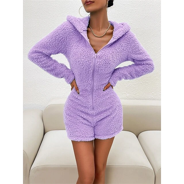 Women's Hooded Teddy Romper Pajamas Solid Warm Fashion Simple Street Daily Vacation Hoodie Long Sleeve Fall Winter Black Purple 14 Women's Hooded Teddy Romper Pajamas Solid Warm Fashion Simple Street Daily Vacation Hoodie Long Sleeve Fall Winter Black Purple - Image 14