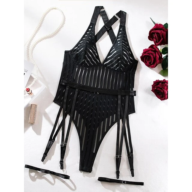 Women's Sexy Bodies Bodysuits Stripe Lovers Hot See Through Date Valentine's Day Polyester Breathable Sleeveless Backless Summer Spring Black 12 Women's Sexy Bodies Bodysuits Stripe Lovers Hot See Through Date Valentine's Day Polyester Breathable Sleeveless Backless Summer Spring Black - Image 12