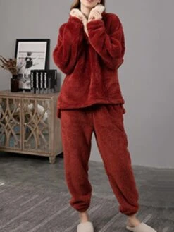 Women's Pajamas Sets Pure Color Simple Comfort Plush Home Daily Flannel Warm Hoodie Long Sleeve Pant Elastic Waist Fall Winter Red Purple -Deals The Sexy Bra Store qvipca1692257116214