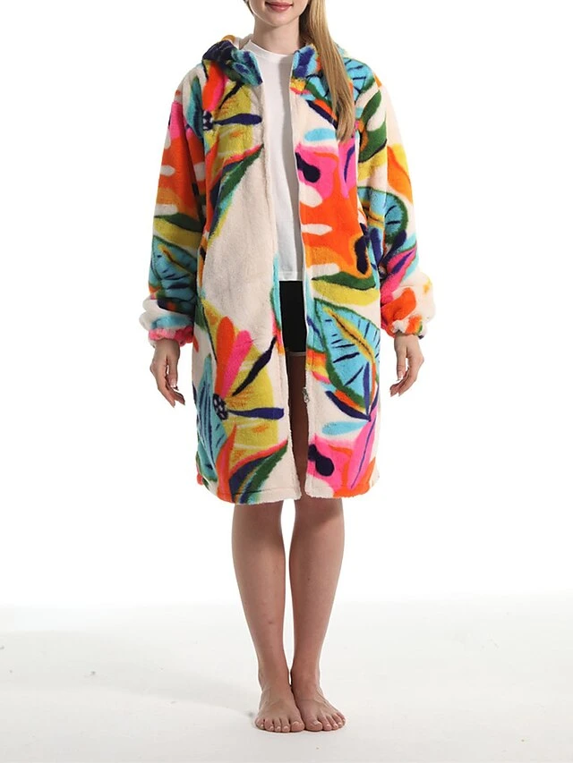 Women's Robe Leaves Plush Casual Comfort Home Daily Bed Flannel Warm Breathable Hoodie Long Sleeve Pocket Fall Winter Beige 2 Women's Robe Leaves Plush Casual Comfort Home Daily Bed Flannel Warm Breathable Hoodie Long Sleeve Pocket Fall Winter Beige - Image 2