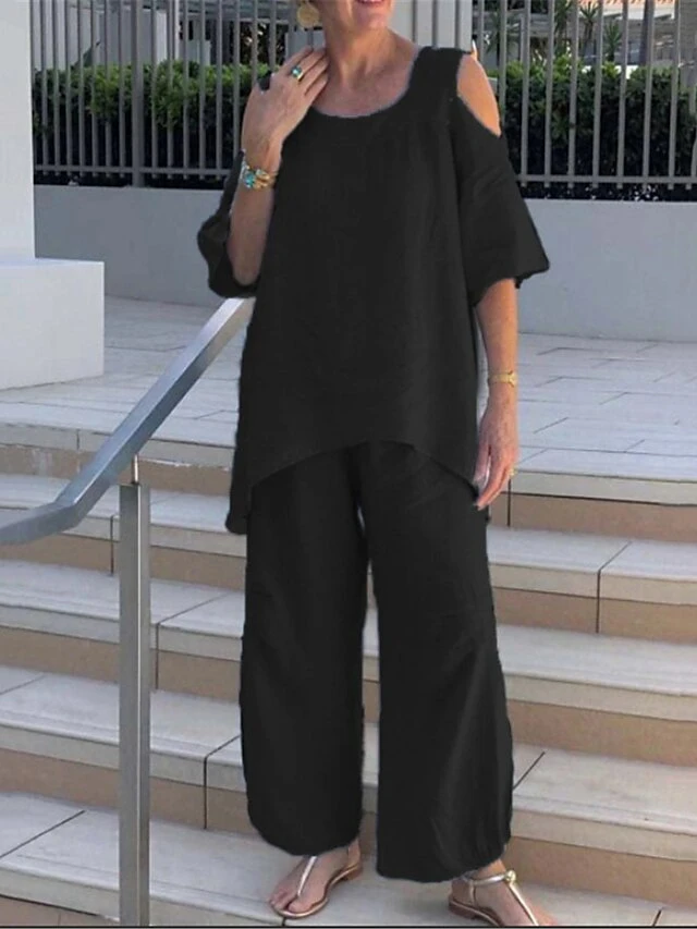 Women's Loungewear Sets Pure Color Fashion Simple Casual Street Daily Date Polyester Breathable Crew Neck Half Sleeve Pant Summer Spring Black White 5 Women's Loungewear Sets Pure Color Fashion Simple Casual Street Daily Date Polyester Breathable Crew Neck Half Sleeve Pant Summer Spring Black White - Image 5