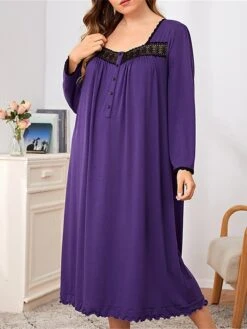 Women's Plus Size Pajamas Nightgown Nightshirt Dress Patchwork Simple Casual Comfort Home Daily Bed Polyester Breathable Square Neck Long Sleeve Summer Spring Purple -Deals The Sexy Bra Store qytgfm1676281943716