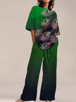 Women's Pajama Top And Pant Flower Comfort Home Daily Polyester Crew Neck Summer Spring Light Green Blue -Deals The Sexy Bra Store qzoknt1690959818288