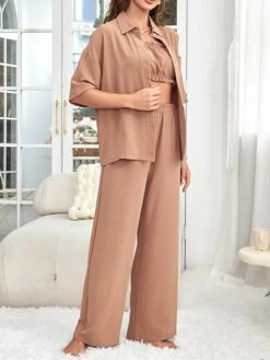 Women's Loungewear Sets 3 Pieces Pure Color Fashion Comfort Soft Home Daily Bed Polyester Breathable Lapel Long Sleeve Shirt Pant Button Pocket Fall Winter Lotus Pink -Deals The Sexy Bra Store rcjror1696232013742