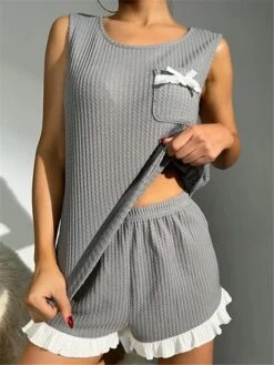 Women's Pajamas Pajama Top And Pant Sets Pure Color Simple Casual Soft Home Daily Bed Waffle Fabric Breathable Crew Neck Sleeveless Shorts Summer Spring Yellow Pink -Deals The Sexy Bra Store rcxvnh1679451494478