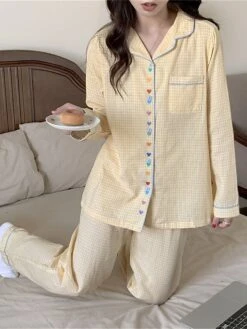 Women's Loungewear Sets Heart Grid / Plaid Fashion Comfort Soft Home Daily Bed Cotton Breathable Lapel Long Sleeve Shirt Pant Button Pocket Fall Winter Yellow -Deals The Sexy Bra Store rdaaag1695281896571