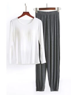 Women's Modal Pajamas Sets With Chest Pads Pure Color Casual Comfort Home Bed Modal Breathable Crew Neck Long Sleeve T Shirt Tee Pant Elastic Waist Fall Winter Black White -Deals The Sexy Bra Store rdqxig1696841768130