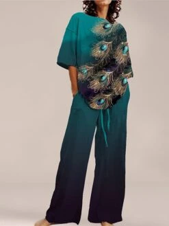 Women's Pajama Top And Pant Flower Comfort Home Daily Polyester Crew Neck Summer Spring Light Green Blue