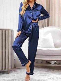 Women's Satin Silk Lounge Sets Satin Pajama Sets Pure Color Fashion Casual Comfort Home Daily Bed Satin Breathable Lapel Long Sleeve Shirt Pant Button Pocket Summer Fall Black White