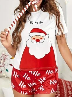 Women's Christmas Pajamas Sets Letter Santa Claus Casual Soft Home Xmas Daily Polyester Breathable Crew Neck Short Sleeve T Shirt Tee Shorts Elastic Waist Fall Winter Red Green