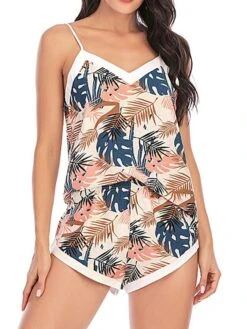 Women's Pajamas Pajama Top And Pant Sets Flower Leaves Fashion Casual Soft Home Daily Bed Lace Breathable Straps Sleeveless Strap Top Shorts Summer Spring Light Pink Yellow