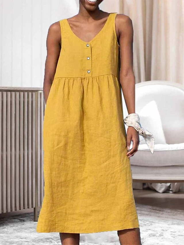 Women's Loungewear Nightshirt Dress Pure Color Fashion Comfort Soft Home Street Daily Linen Breathable V Wire Sleeveless Dress Button Pocket Summer Spring Black Yellow 1 Women's Loungewear Nightshirt Dress Pure Color Fashion Comfort Soft Home Street Daily Linen Breathable V Wire Sleeveless Dress Button Pocket Summer Spring Black Yellow