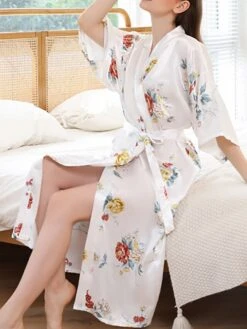 Women's Pajamas Robes Gown Bathrobes Nighty 1 PCS Flower Simple Comfort Kimono Robes Home Wedding Party Spa Satin Gift Long Sleeve Print Belt Included Spring Summer Blue Pink -Deals The Sexy Bra Store rhocex1644490234058