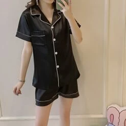 Women's Pajamas Sets Nighty Pjs 2 Pieces Pure Color Fashion Simple Comfort Home Daily Bed Satin Breathable Lapel Short Sleeve Shorts Elastic Waist Spring Summer Green Blue / Silk -Deals The Sexy Bra Store rifwhu1637840356084