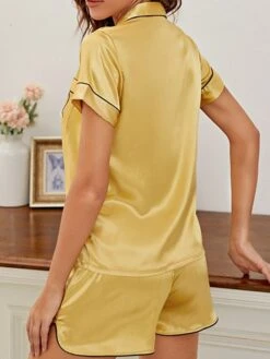 Women's Pajamas Sets Nighty Pjs 2 Pieces Heart Comfort Sweet Home Satin Lapel Short Sleeve Shorts Button Pocket Spring Summer Blue Yellow / Silk / Embroidery -Deals The Sexy Bra Store rinrkh1658389249906