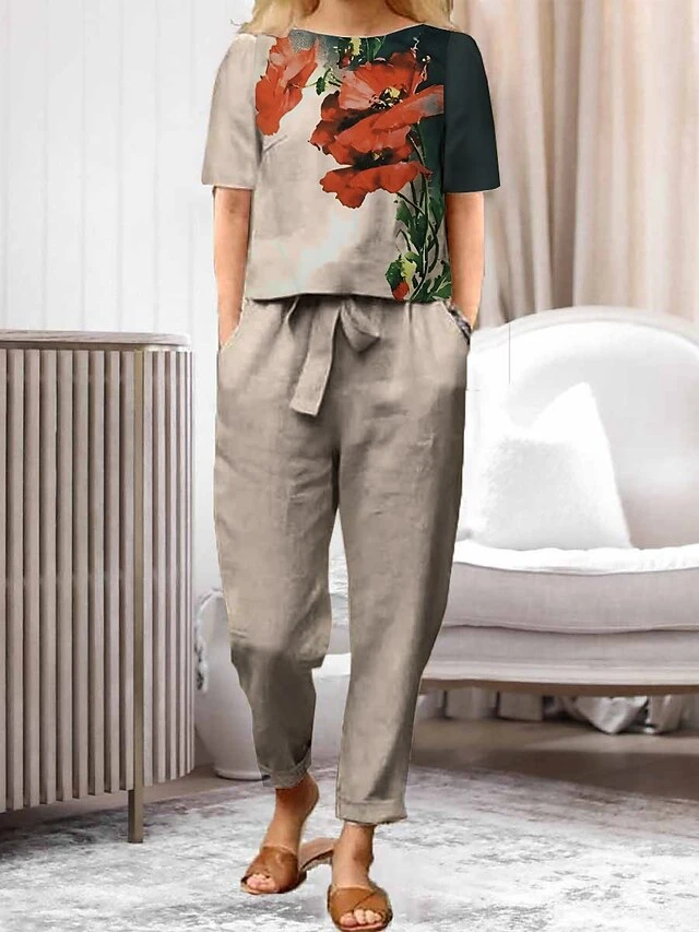 Women's Loungewear Sets 2 Pieces Abstract Flower Casual Comfort Home Street Daily Cotton Blend Breathable Stand Collar Half Sleeve Pullover Pant Pocket Belt Included Summer Spring Blue And White Black 2 Women's Loungewear Sets 2 Pieces Abstract Flower Casual Comfort Home Street Daily Cotton Blend Breathable Stand Collar Half Sleeve Pullover Pant Pocket Belt Included Summer Spring Blue And White Black - Image 2