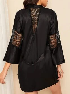 Women's Lace Satin Silk Bathrobe Robes Nightgown Pure Color Fashion Casual Comfort Home Daily Bed Satin Breathable V Wire Summer Fall Black -Deals The Sexy Bra Store rjelny1689506598295