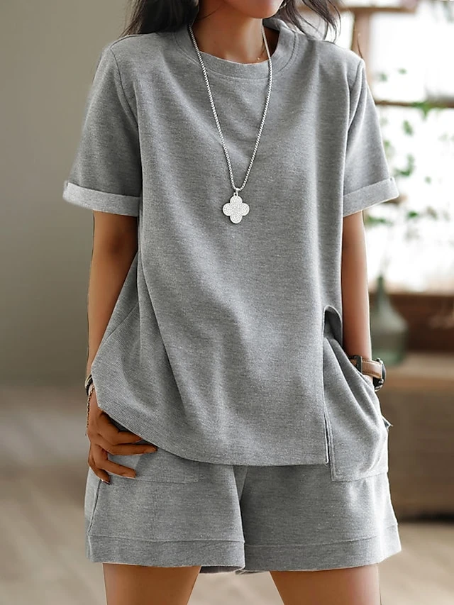 Women's Plus Size Loungewear Sets Pure Color Sport Casual Comfort Home Street Daily Polyester Breathable Crew Neck Short Sleeve T Shirt Tee Shorts Pocket Summer Spring Black White 2 Women's Plus Size Loungewear Sets Pure Color Sport Casual Comfort Home Street Daily Polyester Breathable Crew Neck Short Sleeve T Shirt Tee Shorts Pocket Summer Spring Black White - Image 2