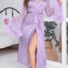 Women's Pajamas Bathrobe Robes Gown Pure Color Fashion Casual Comfort Home Daily Bed Satin Breathable V Wire Long Sleeve Feather Summer Fall Black White