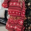 Women's Christmas Loungewear Sets Stripe Snowflake Casual Comfort Xmas Home Christmas Daily Polyester Breathable Crew Neck Long Sleeve Shorts Spring Fall Wine Red