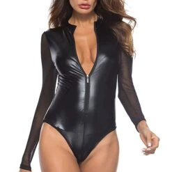 Women's Uniforms & Cheongsams Bodysuits Teddies & Bodysuits Solid Colored PU Shirt Collar Mesh Black / Zipper / Spandex / Zipper / Super Sexy