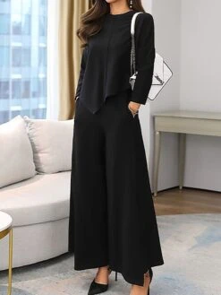 Women's Plus Size Loungewear Sets Pure Color Fashion Casual Comfort Home Street Daily Cotton Breathable Crew Neck Long Sleeve T Shirt Tee Pant Pocket Fall Winter Black Brown -Deals The Sexy Bra Store rkvfof1694162599239