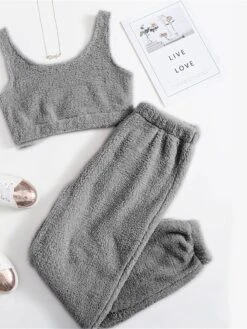 Women's Solid Plush Tank Top And Pants Lounge Sets Casual Comfort Soft Home Street Daily Polyester Breathable Elastic Waist Fall Winter Black White -Deals The Sexy Bra Store rlgyhw1688541592208